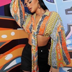 Lantern Sleeve Tie Front Patchwork Print Crop Top